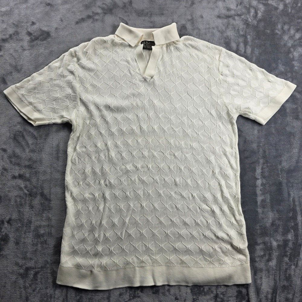 Free Planet Knit Polo Mens M Golf Cream Diamond Textured V-Neck Short Sleeve